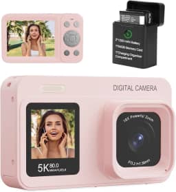 Câmera digital de tela dupla 5K atualizada, câmera fotográfica Vlog de 80 MP para YouTube, campus, viagens, câmera compacta de apontar e fotografar para adolescentes e iniciantes com foco automático