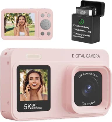 Câmera digital de tela dupla 5K atualizada, câmera fotográfica Vlog de 80 MP para YouTube, campus, viagens, câmera compacta de apontar e fotografar para adolescentes e iniciantes com foco automático