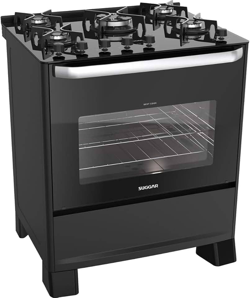 SUGGAR FOGÃO BEST GRILL PRETO 220V MESA DE VIDRO 5 BOCAS GRILL NO FORNO TRIPLA CHAMA TREMPES FERRO FUNDIDO FGV506PT2