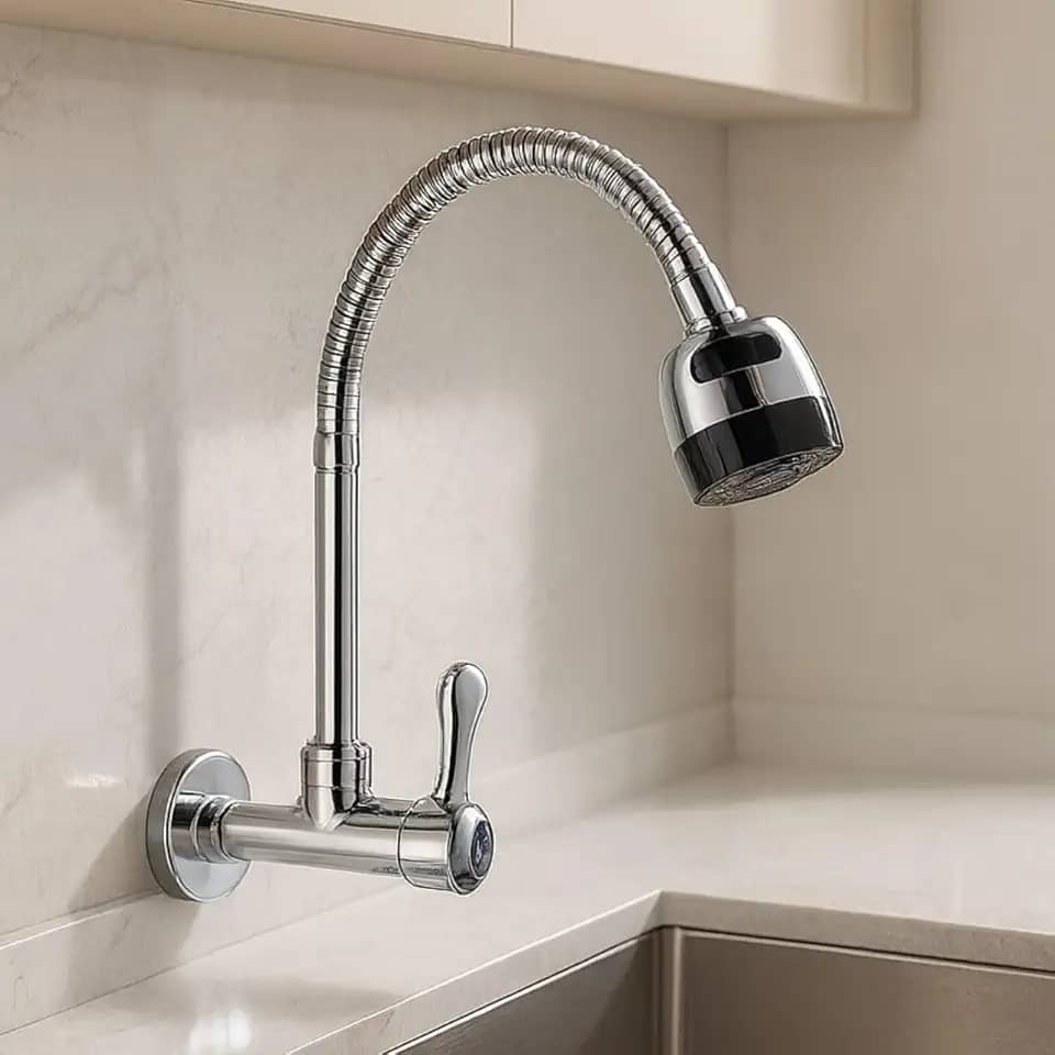 Torneira Cozinha Parede Gourmet Flexível Aço Inox Metal Cromado 2 Jatos Contínuo e Arejador 1/4 de volta Resistente Tulipa Luxo Premium Alto Padrão Sofisticada (Cromada)