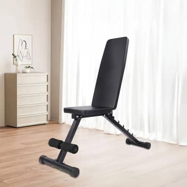 Banco de Musculação Ajustável e Dobrável - Suporta até 120kg, Encosto com 5 Posições, Estrutura Triangular Reforçada, Assento Largo e Apoio de Pés Regulável