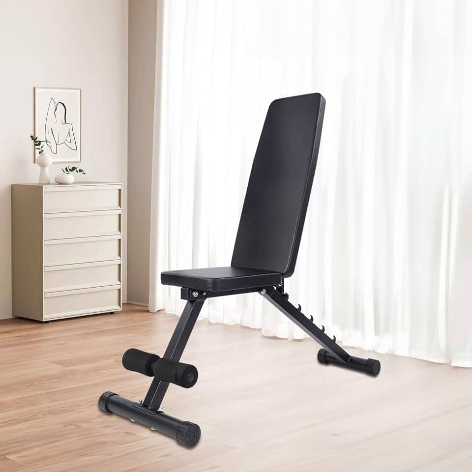 Banco de Musculação Ajustável e Dobrável - Suporta até 120kg, Encosto com 5 Posições, Estrutura Triangular Reforçada, Assento Largo e Apoio de Pés Regulável