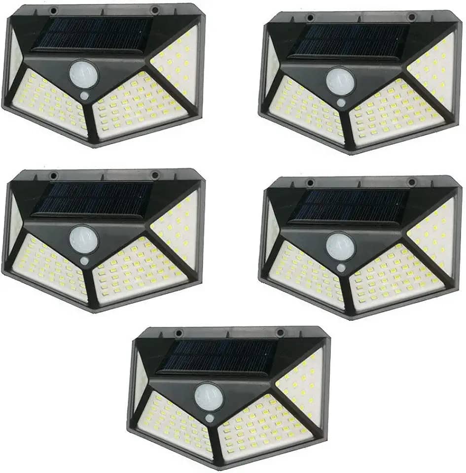 Kit 5 Luminária Energia Solar Parede 100 Led Sensor Presença 3 Funções Lampada