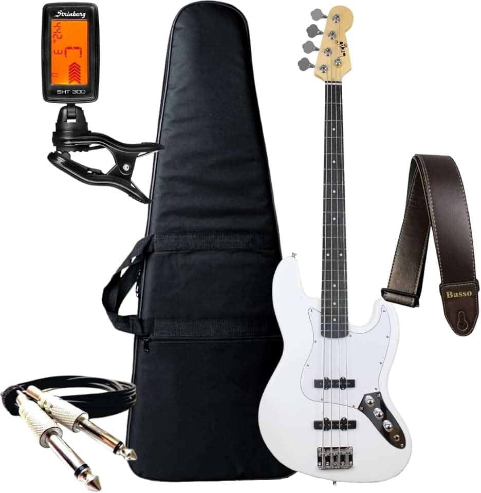 Kit Contra Baixo Bravo 4 Cordas Bb100 Passivo Jazz Bass + Acessórios (White)