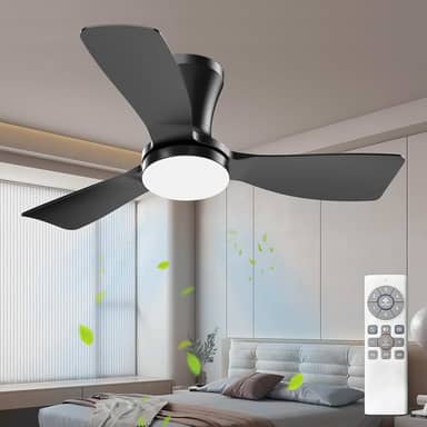 Ventilador de Teto Preto de Três Pás de 91 cm com Luz LED, Motor DC Silencioso, Controle Remoto, 6 Velocidades, 100-240V, Função Reversível e Instalação Flush Mount