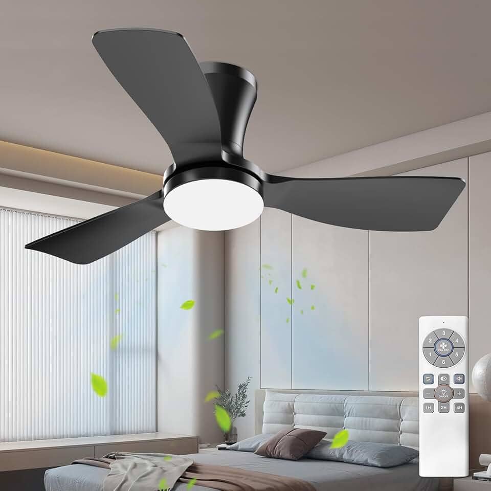 Ventilador de Teto Preto de Três Pás de 91 cm com Luz LED, Motor DC Silencioso, Controle Remoto, 6 Velocidades, 100-240V, Função Reversível e Instalação Flush Mount