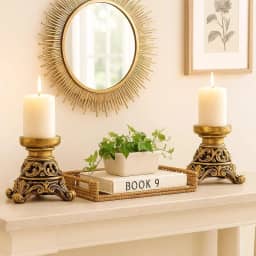 Castiçais Decorativos Conjunto de 2, Base Ornamentada Dourada, Estilo Barroco, para Velas Cilíndricas alto elegante para mesa de jantar decoração de vela de casamento