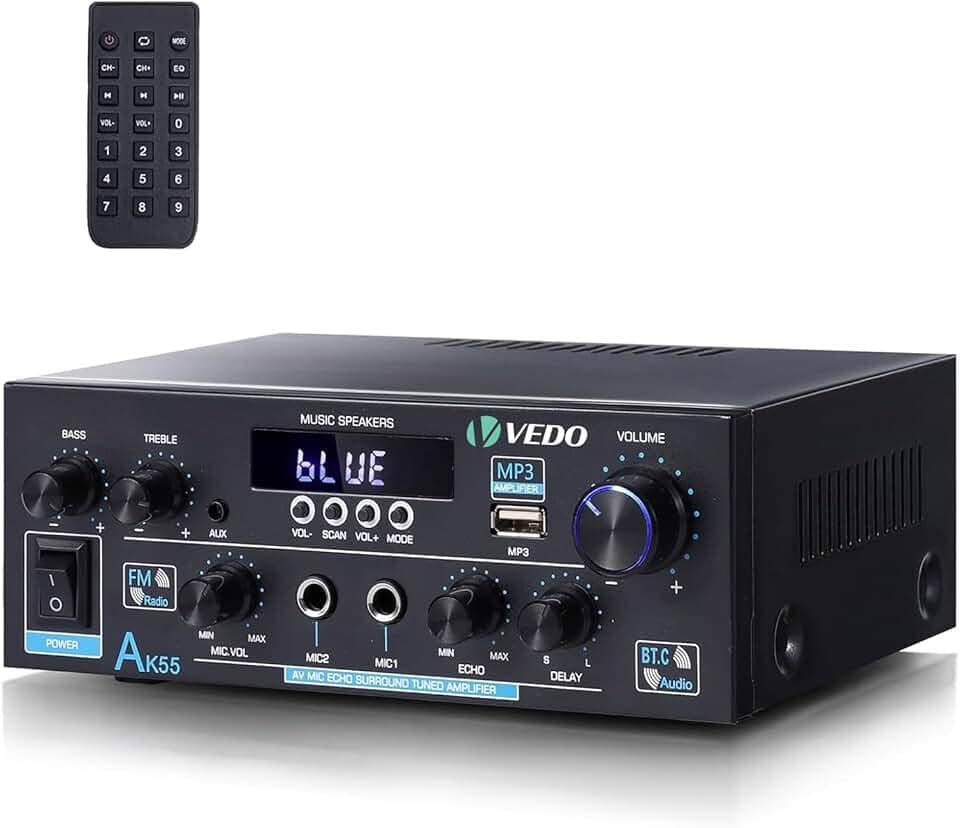 VEDO Amplificador de Áudio Bluetooth 5.0 AK-55 HiFi 600W Dual Channel - Sistema de Som para Casa com Entradas AUX USB FM Microfone, Eco e Reverb | Compatível Alto-Falantes 4-16Ω (Plugues Brasileira)