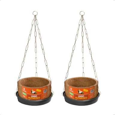 Kit 2 Vaso Planta Completo Fibra Coco Pendurar Prato Corrente N2 Médio Samambaia Orgânico Nutriplan