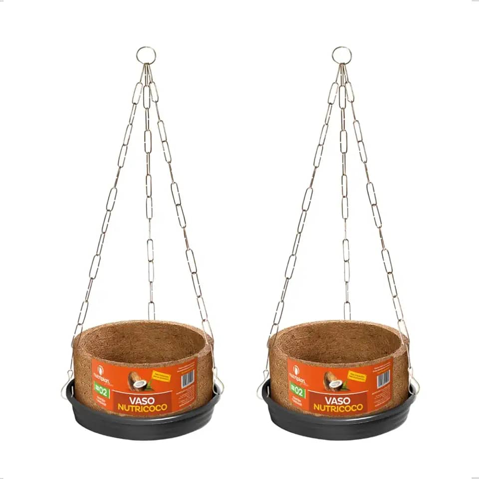 Kit 2 Vaso Planta Completo Fibra Coco Pendurar Prato Corrente N2 Médio Samambaia Orgânico Nutriplan