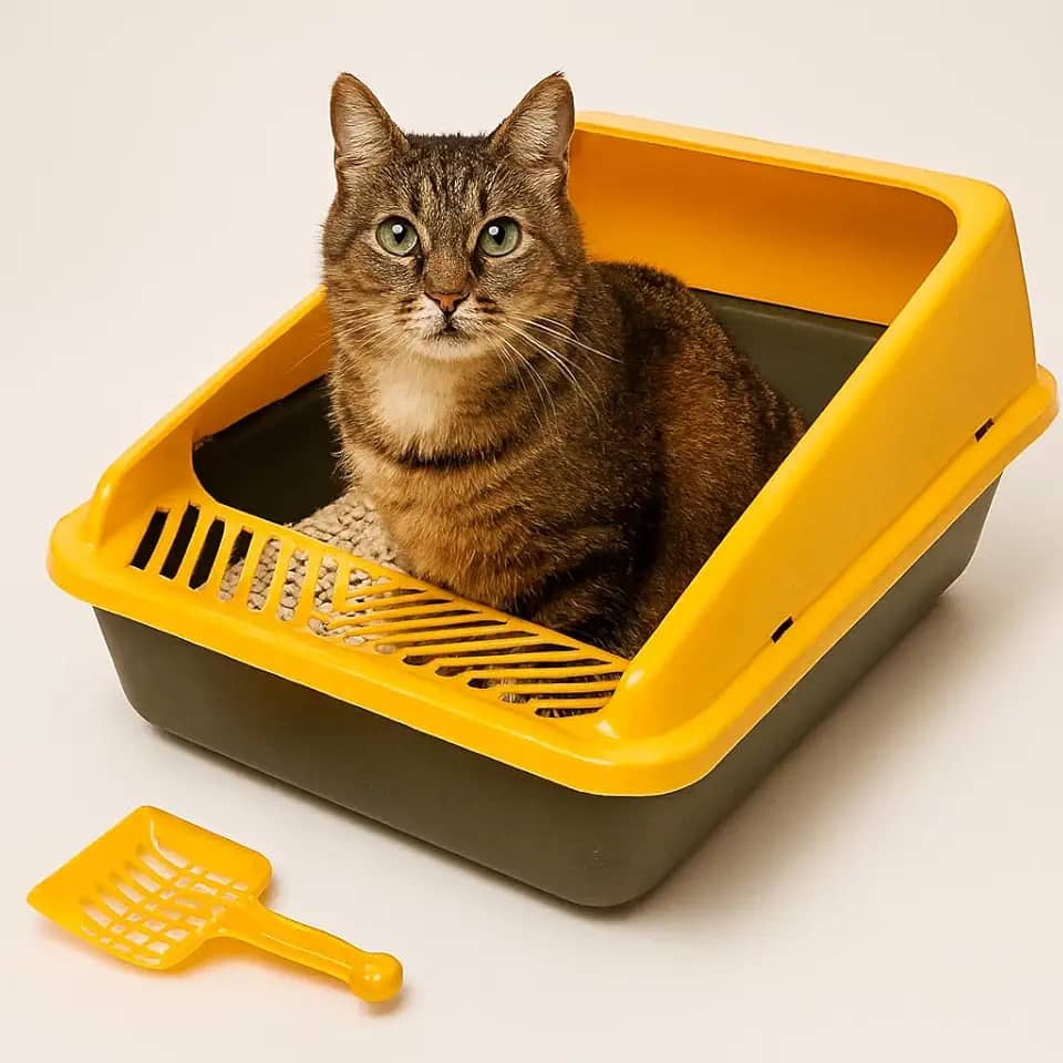 Caixa de Areia para Gatos com Pá, Amarelo e Preto, Plástico Durável, Design Espaçoso, Bandeja Higiênica com Sistema de Limpeza