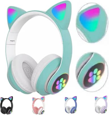 Fone Orelhas GATO Sem Fio COM LED Bluetooth Música Infantil COLORIDO GATINHO HEADSET CAT GATINHO CRIANÇA HEADPHONE GAMER (AZUL CÉU)
