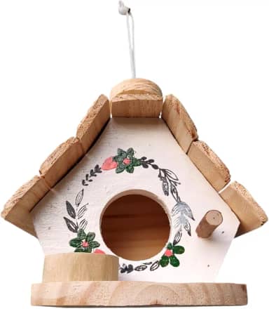 Casa de Pássaro Decorativa,com Flores, Madeira Artesanal, Comedouro para Jardim (Casinha Branca Fundo Cru, 16x16x19)
