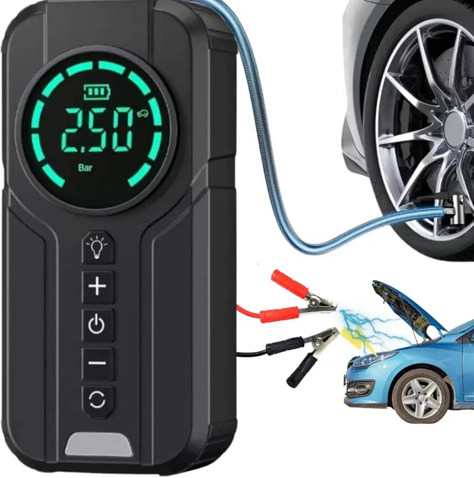 Carregador de Bateria Top Portátil 3 em 1 com Compressor de Ar para encher pneus, Luz de Emergência, Power Bank para Carro e Moto – Ideal para Viagens