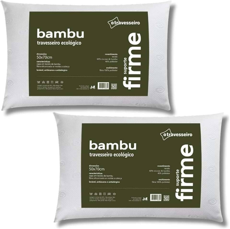 Kit 2 Travesseiros Firme Fibra de Bambu, 50x70cm, Fibra Siliconada, Antialérgico, Branco