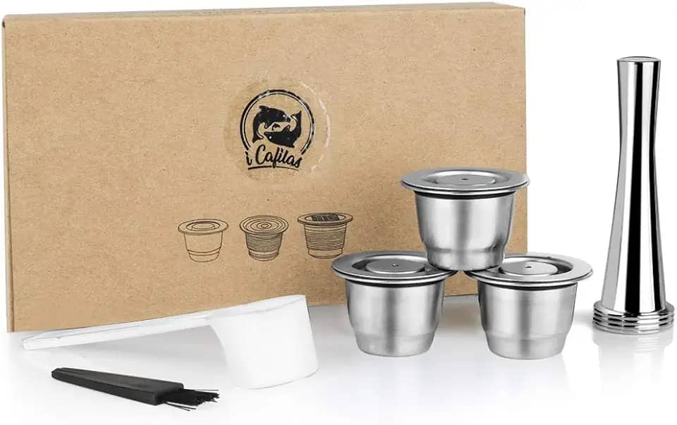 Cápsulas de café recarregáveis de aço inoxidável Espr*sso, cápsulas de café reutilizáveis compatíveis com Nespr*sso Original Line Brewers 4Y Crema New Generation (3 cápsulas + 1 adulterador)