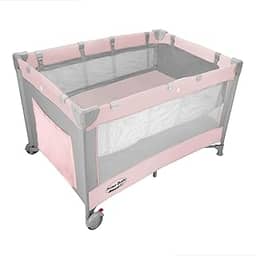 Berço Portátil Desmontável Prime Baby Amici com Ajuste de 2 Alturas, Colchonete Dobrável, Bolsa de Transporte e Rodas com Trava de Segurança Até 17kg (Rosa)