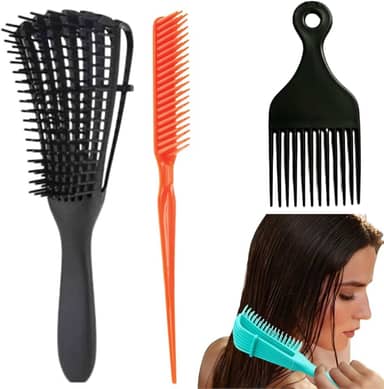 Kit Escova de Cabelo Cacheado Polvo + Pente 3 Fileiras para Fitagem Finalizações + Pente Garfo Cachos - RJI Utilidades