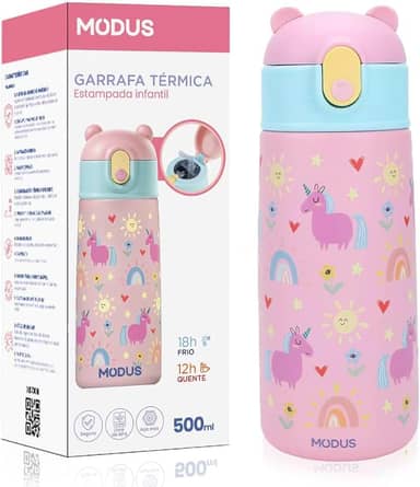 Copo Térmico Infantil de 500ml em Aço Inoxidável 18/8 com Canudo (Rosa)