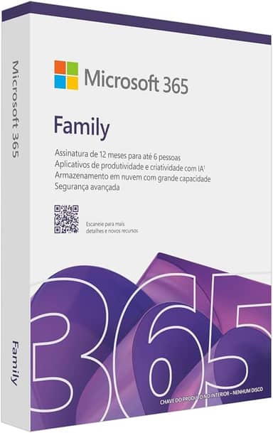 Microsoft 365 Family (12 meses) até 6 usuários. Office apps com o Copilot incluso. PC/Mac/Iphone/tablet. Ativação necessária.
