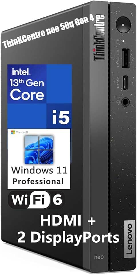 Lenovo ThinKCentre neo 50q Gen 4 Tiny 1L Business Mini Desktop, Intel 8-Core i5-13420H de 13ª geração (Beat i7-1355U), 16GB DDR4 RAM, SSD PCIe 512GB, 2 DisplayPorts, WiFi 6, Win 11 Pro, Vent-Hear