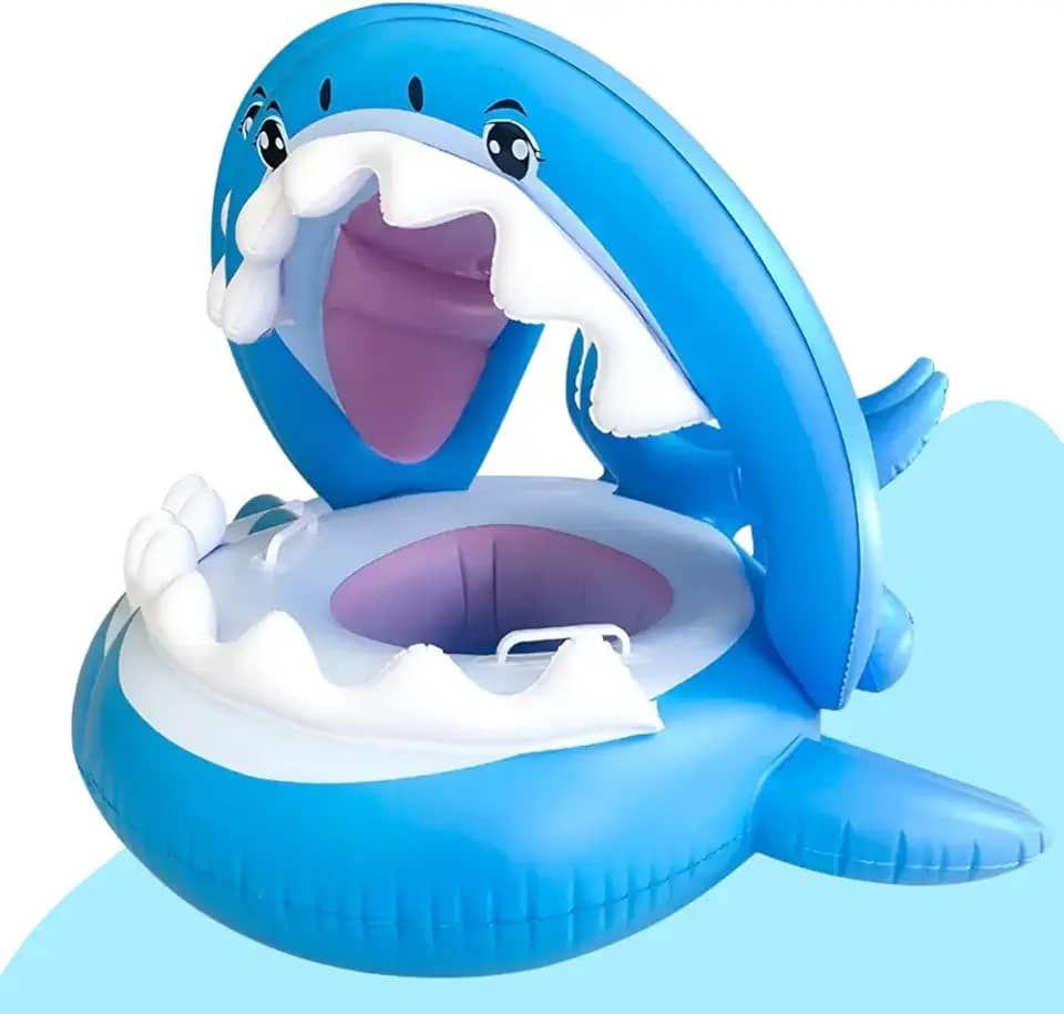 Boia Infantil Bebe Tubarão Azul Piscina Bote Inflável com Cobertura de Proteção Solar Criança