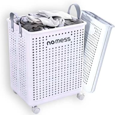 No Mess - Cesto De Roupa Grande Dobrável Com Rodas E Alças - Organizador De Roupas E Brinquedos Resistente e Retrátil Para Quarto E Banheiro. Cor branco.