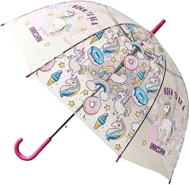 Guarda-Chuva Infantil Transparente com Estampa de Unicórnio Design Curvado Automático Cabo