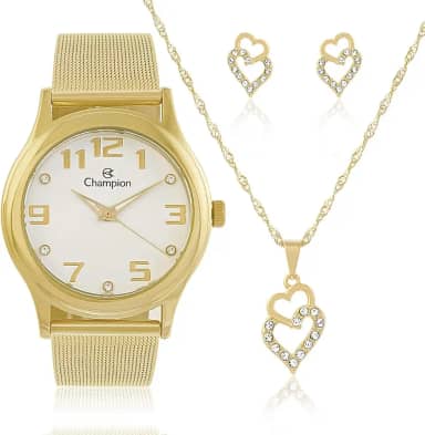 Relógio CHAMPION KIT feminino dourado esteira CN29007W