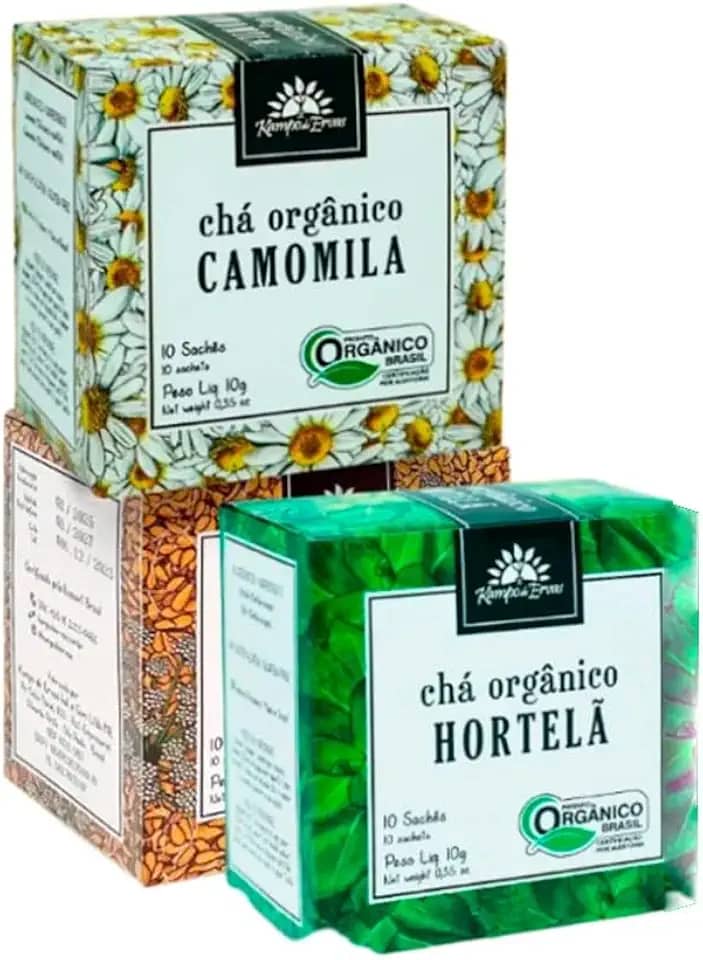 Kit 3 Chás Orgânicos em Sachê – Camomila, Erva-Doce e Hortelã – 10 Sachês Cada – Infusão Natural e Pura para Relaxamento, Digestão e Frescor
