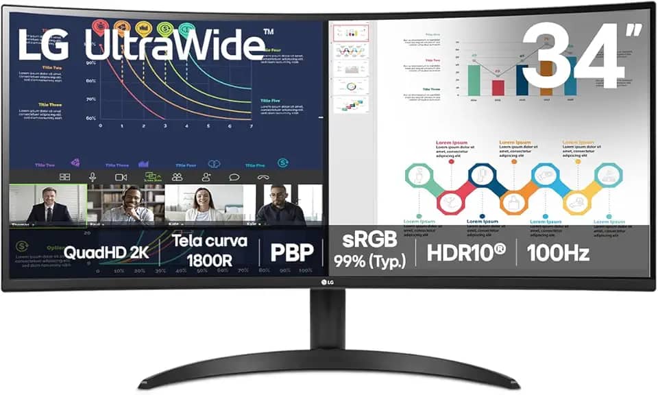 Monitor LG UltraWide™ Curvo – Tela VA de 34”, 21:9, WQHD, sRGB 99%, HDR10, 100Hz, 5ms (GTG), PBP - 34WR50QK-B