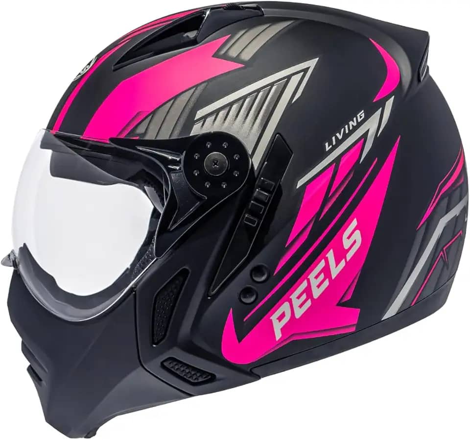 Peels Capacete Aberto Moto com Queixeira Removível e Óculos Solar Interno Mirage Living Preto Fosco/Pink 60