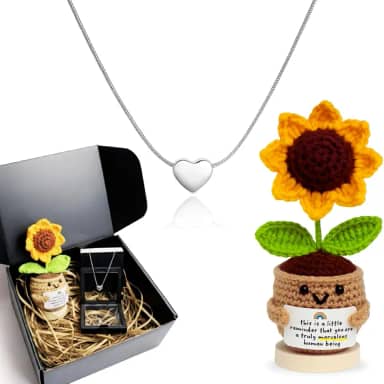Kit Presente Feminino Colar Prata em Aço Inox Pingente de Coração + Porta Joias em Caixa Luxo Elegante + Girassol em Crochê Crochet Pronto Presentear Delicado Aniversário Dia das Mães Natal Namorados