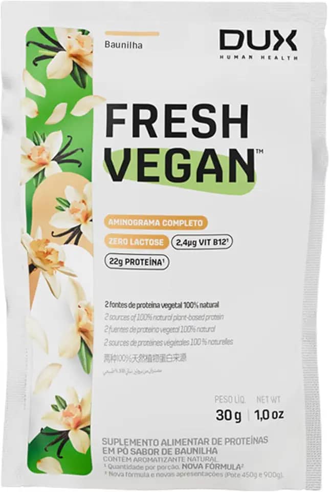 DUX HUMAN HEALTH - FreshVegan - Proteína Vegana de Ervilha e Arroz, 20g de Proteínas por Porção - Suplementos Naturais, Suplementação Treino Academia, Ganho Muscular Hipertrofia - Baunilha - Sachê 31 g