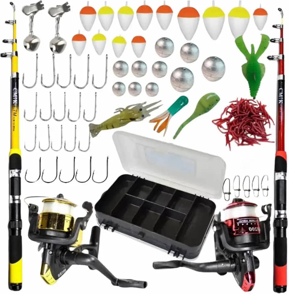 Kit de Pesca Completo, 2 Varas, 2 Molinetes com Linha, Estojo, Iscas Artificiais, Anzóis, Chumbadas e Boias