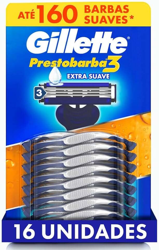 Gillette Aparelho de Barbear Prestobarba3, Barbear Rente Extra Suave, 16 Uds