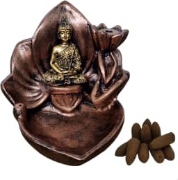 Incensario Cascata e Vareta 2 em 1 Backflow Buda na Flor de Lótus Fumaça Invertida + 10 Incensos cone