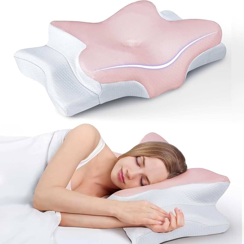 Travesseiro Ergonômica de Alívio de Dor no Pescoço com Memória, Ajustável e Resfriamento, Travesseiro Ortopédico para Dormir de Costas, Lado ou Barriga - Conforto, Suporte e Bem-estar (Rosa)