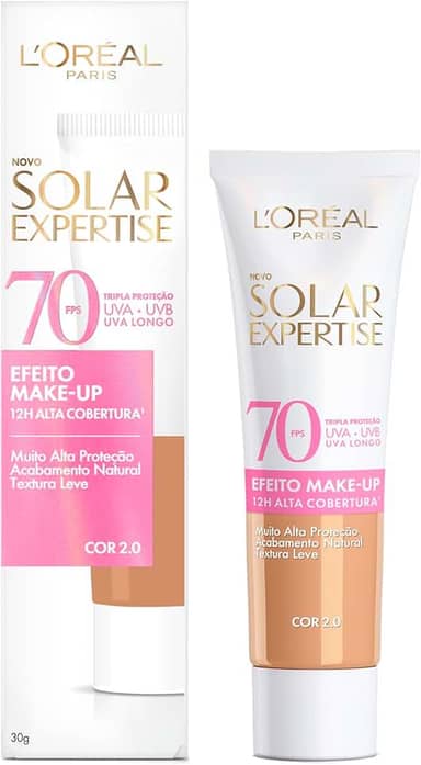 L'Oréal Paris Solar Expertise Efeito Make-Up, Protetor Solar com Cor FPS 70, Cobertura de Maquiagem por até 12h, Tripla Proteção Solar contra raios UVB, UVA, UVA Longo e Luz Visível Cor 2.0, 30g