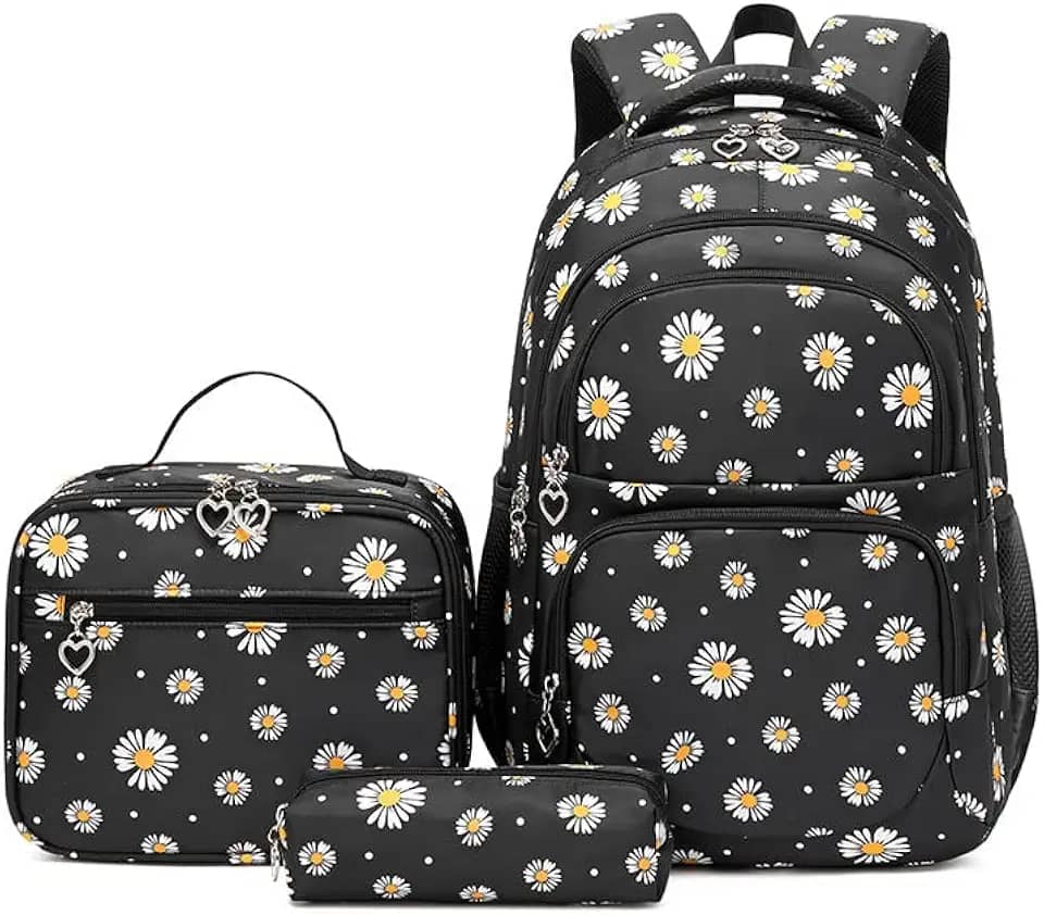 Conjunto de Mochila Escolar Feminina com Estampa de Margarida - 3 Peças com Bolsa de Almoço e Estojo de Lápis
