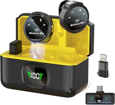 Microfone de Lapela Sem Fio Profissional com Base de Carregamento, Display LED, para iPhone/Android dispositivos com Lightning/USB-C，para vídeo, entrevista, vlog