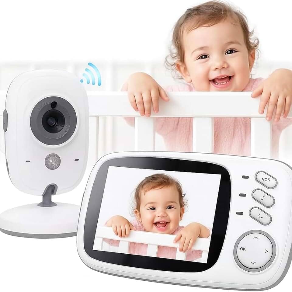 Babá Eletrônica Câmera para Bebês com Tela de 3.2" Visão Noturna 10M Infravermelha Monitoramento Temperatura, Áudio Bidirecional, Detecção de Som VOX, Modo Soneca Contem Visão Noturna Canção de Ninar