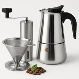 Kit Café 3 Peças com Cafeteira Italiana para 4 Xícaras + Moedor Manual Inox + Filtro Reutilizável – Ideal para Café Gourmet, Presente Criativo, Uso Diário, Compatível com Fogão