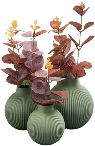 Trio De Vasos Decorativos Com Flores de eucalipto Artificial Toque Real (Vaso VERDE/Folha VERMELHA)