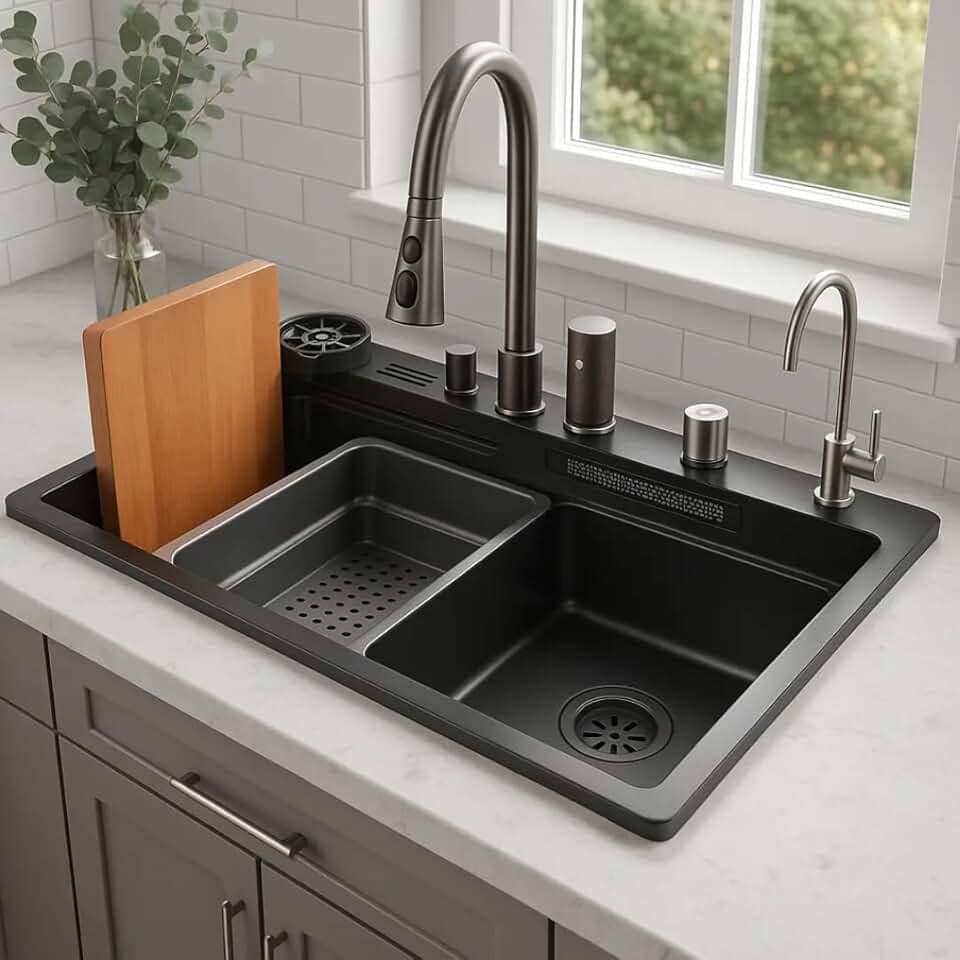 Pia Cuba Gourmet Cozinha Aço Inox Preta Com Acessórios 80x46cm Preto