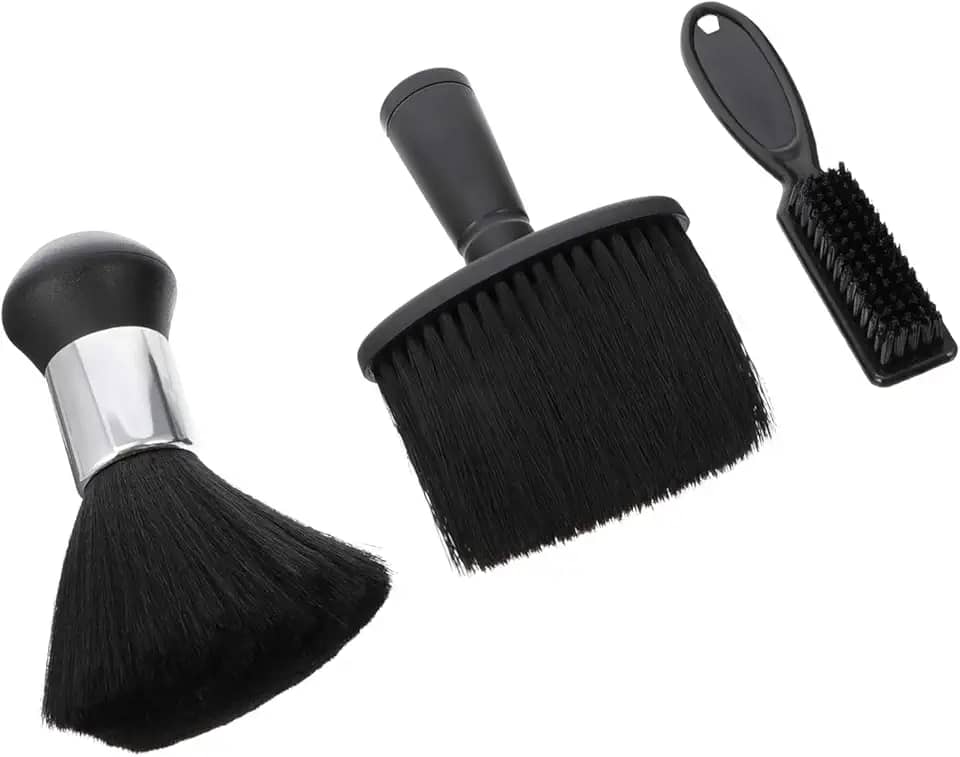 Kit 3 Peças Escova de Limpeza de Cabelo e Coletor de Poeira do Pescoço para Cabeleireiro e Barbeiro | Escova Espanadora Profissional para Salão de Beleza e Corte de Cabelo