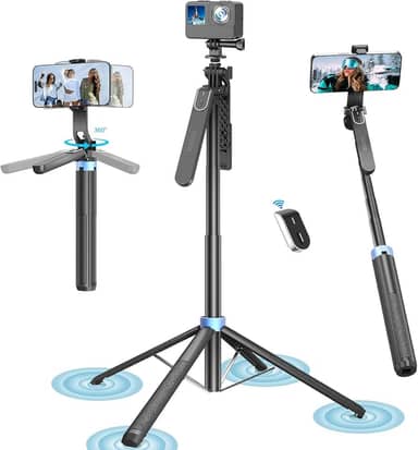 Tobeape Tripé Extensível para Celular 180cm com Controle Remoto Recarregável, Design Quadripé Estável 2 em 1 para iPhone, Android e GoPro – Ideal para Vídeos, Lives e Viagens