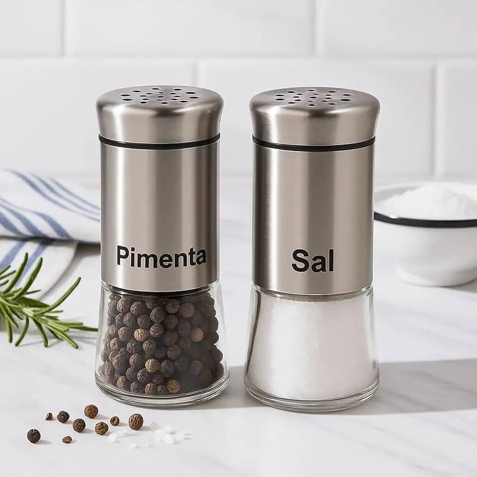 Kit Saleiro e Pimenteiro 2 Peças – Design Elegante em Vidro e Inox, Ideal para Sua Mesa!