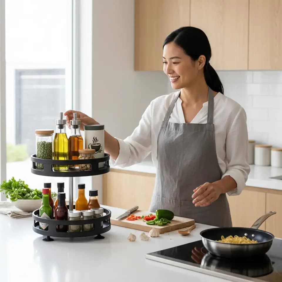 Organizador Giratório Duplo para Condimentos e Temperos, 360 Graus, 39cm de Altura x 25cm de Diâmetro, Preto