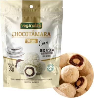 BOMBOM VEGANO DE TÂMARA COM AMÊNDOA, CHOCOLATE BRANCO E COCO RALADO CHOCOTÂMARA BITES VEGANUTRIS 60G